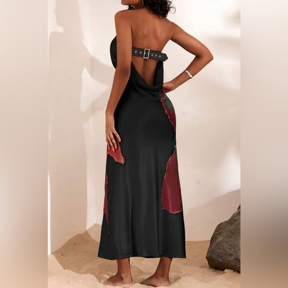 NEW Elegant Black and Multicolor Belted Backless Dress - Picture 3 of 5
